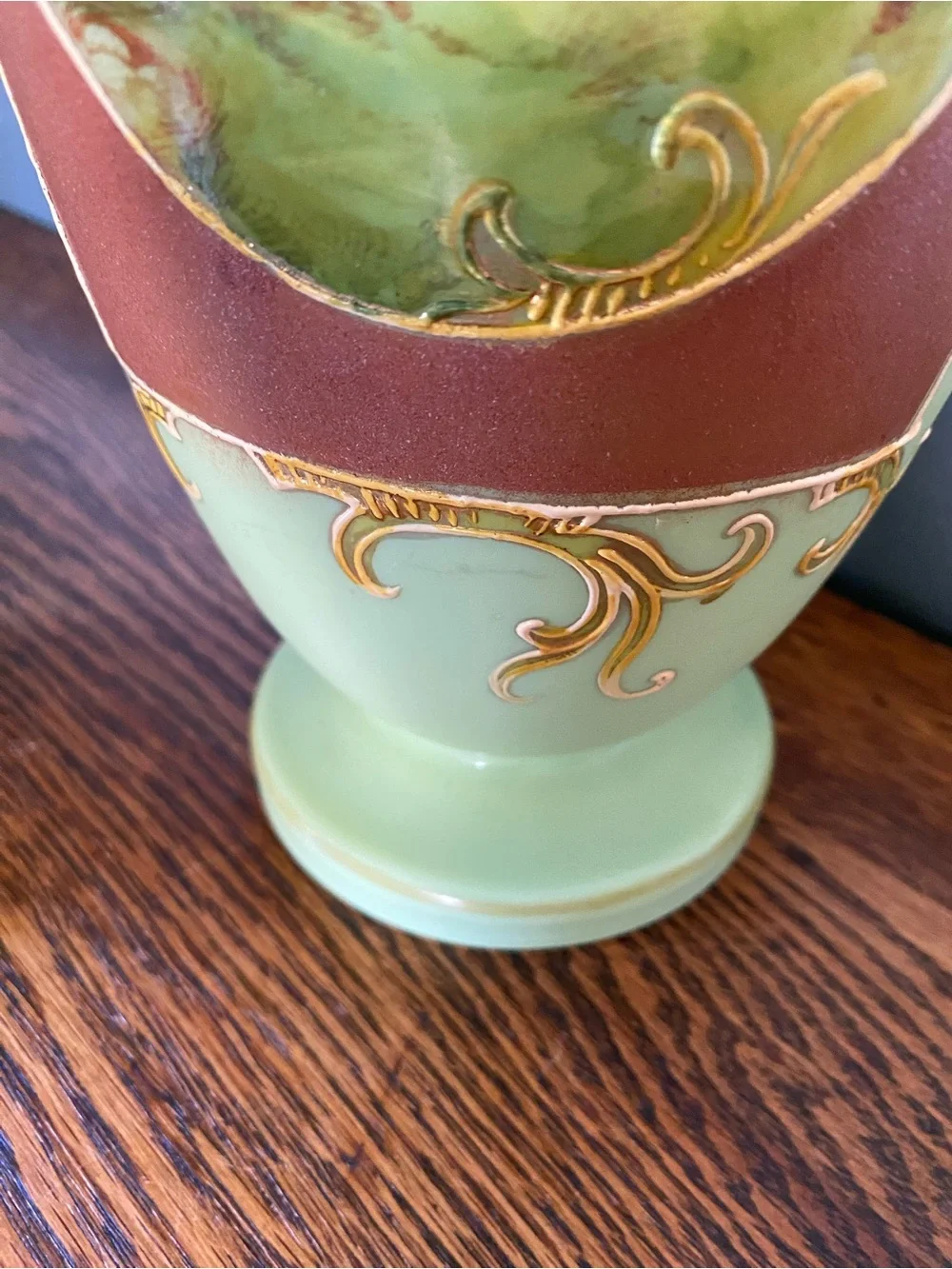 Early 20th Century French Mint Green Art Glass Vases Hand Painted Raised Gilt